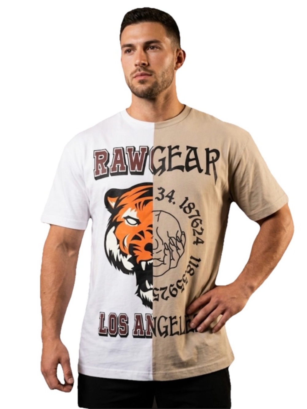 RAWGEAR Split Tiger Graphic Tee -Gray & White Men’s Cotton T Shirt Size Large